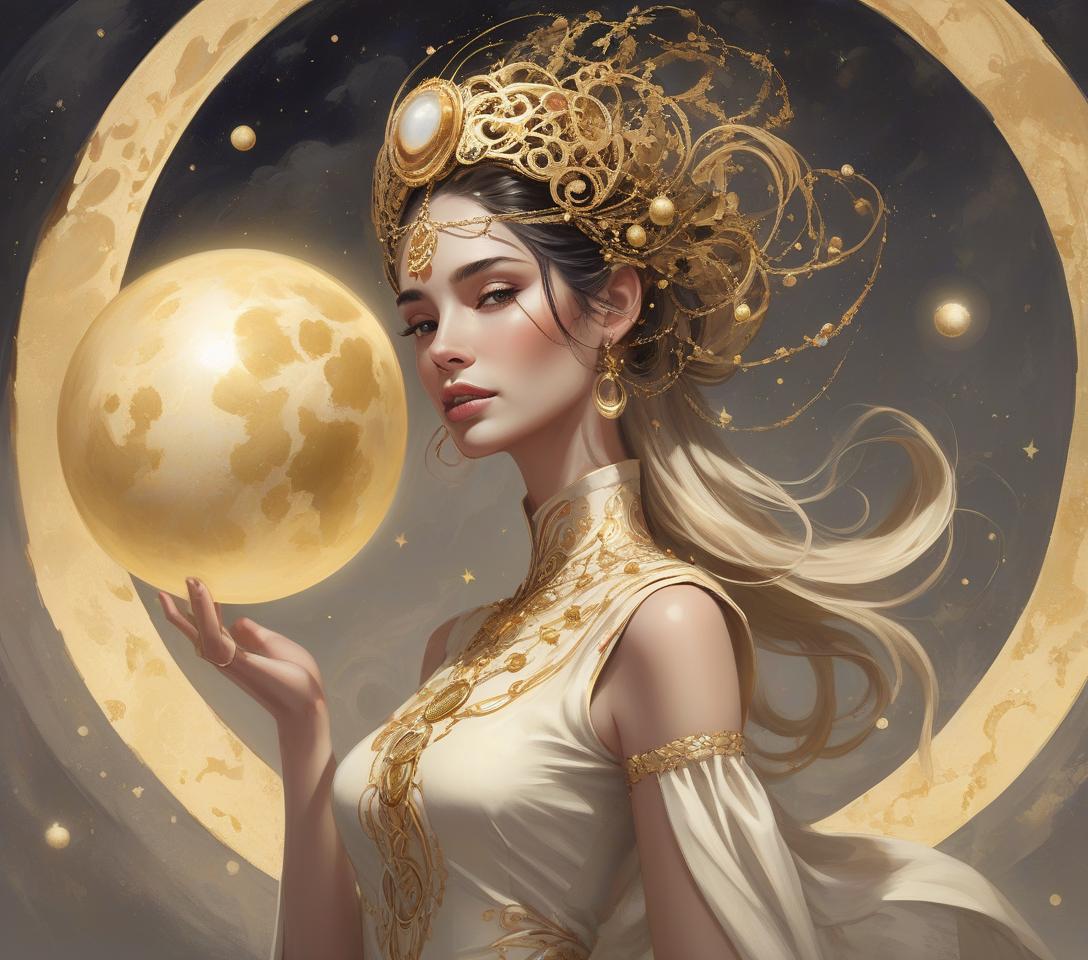  concept art an elegant woman adorned with a sophisticated headpiece featuring gold orbs and swirling beige accents against a lunar backdrop. photo mage, searching for non obvious connections happiness is realized only after it has already happened, happiness is always in the past. happiness can only be remembered! in the style of dan quintana . digital artwork, illustrative, painterly, matte painting, highly detailed