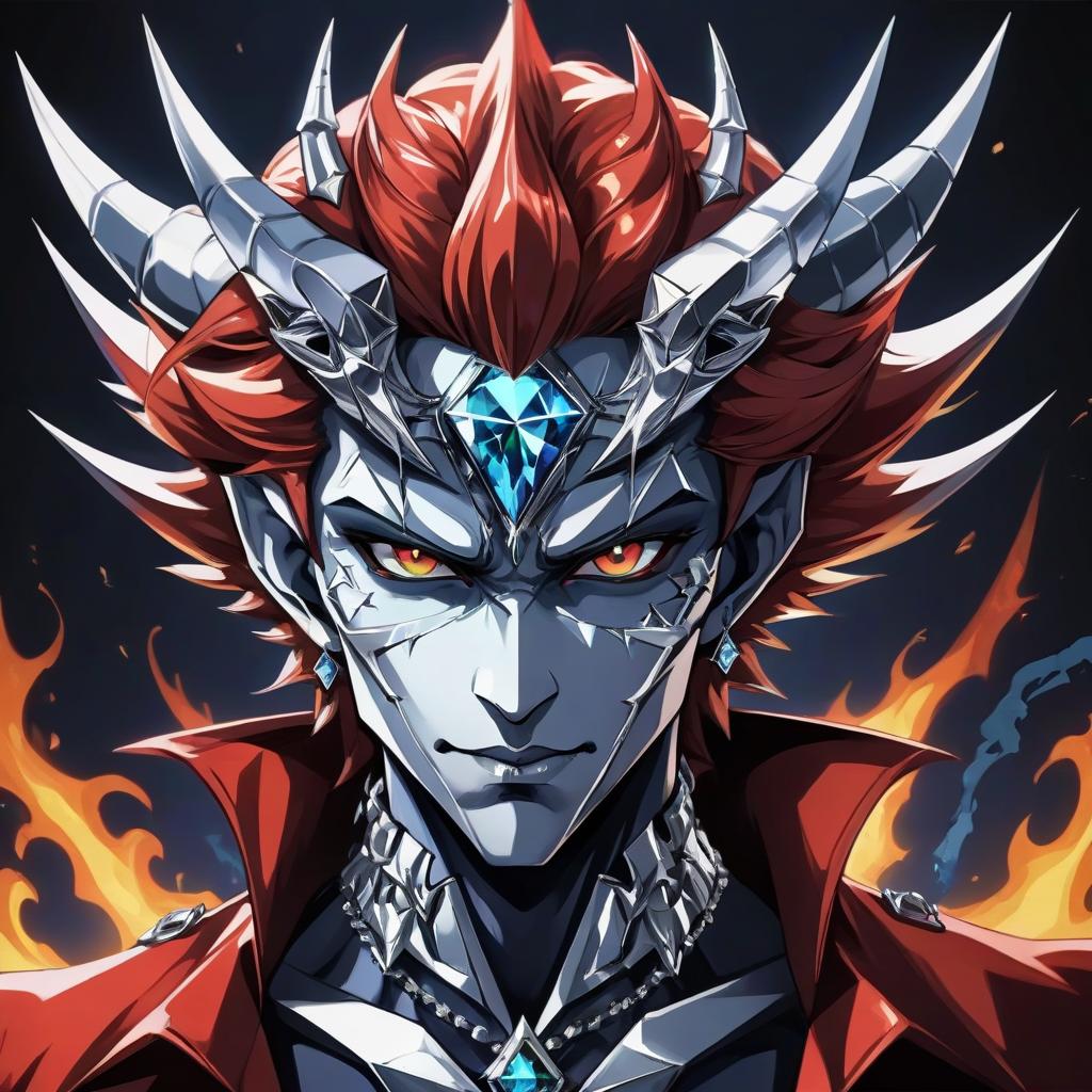  diamond devil, portrait. dark green eyes, man. hair gray. with fangs and horns. colors blue, blue, silver