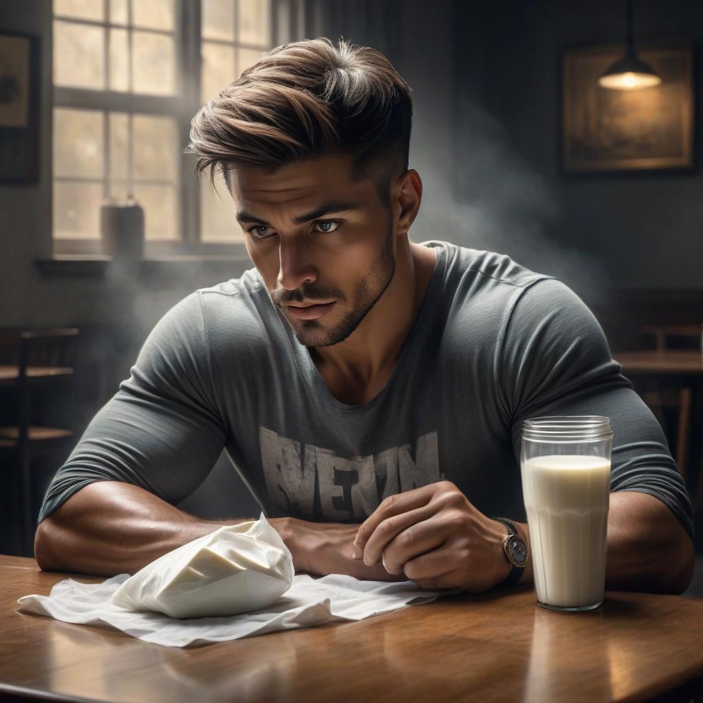  impressionist painting a sketch of a portrait in pencil and charcoal, a gloomy athlete at the table. there's a bag of milk on the table. a torn t shirt. short haircut. bristle. huge muscles. night. intricate details and precisely drawn intersecting hatching lines throughout the drawing, bold lines . loose brushwork, vibrant color, light and shadow play, captures feeling over form hyperrealistic, full body, detailed clothing, highly detailed, cinematic lighting, stunningly beautiful, intricate, sharp focus, f/1. 8, 85mm, (centered image composition), (professionally color graded), ((bright soft diffused light)), volumetric fog, trending on instagram, trending on tumblr, HDR 4K, 8K