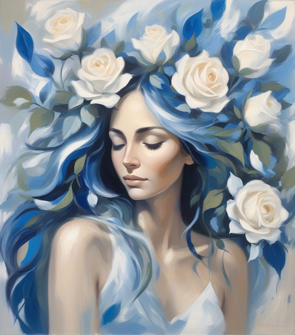  abstract expressionist painting a serene woman with flowing hair holds blue and white roses, surrounded by soft light and delicate leaves, embodying grace and beauty in a captivating portrait . energetic brushwork, bold colors, abstract forms, expressive, emotional