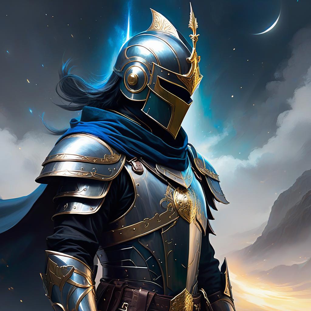  ethereal fantasy concept art of armored man showing no face in his helmet only glowing gold eyes and a black ponytail out the back of his helmet wearing a black cloak with silver accents using blue magic. magnificent, celestial, ethereal, painterly, epic, majestic, magical, fantasy art, cover art, dreamy