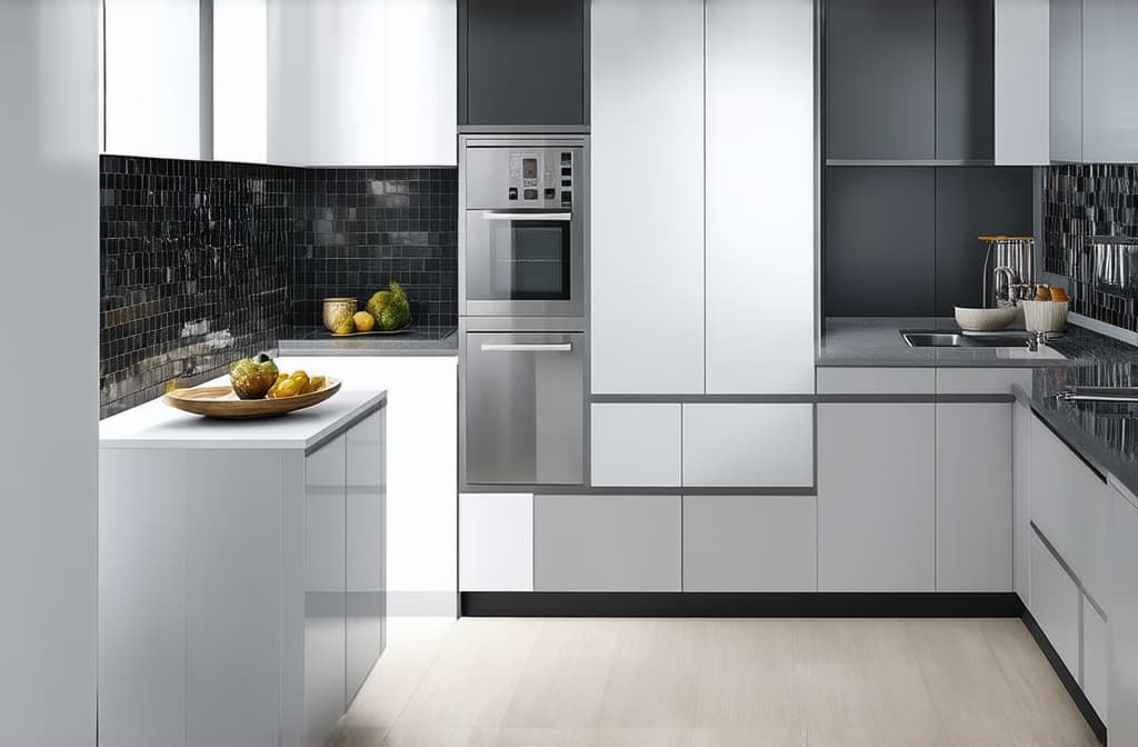  real estate photography style interior of a modern kitchen in white and silver tones ar 3:2 . professional, inviting, well lit, high resolution, property focused, commercial, highly detailed