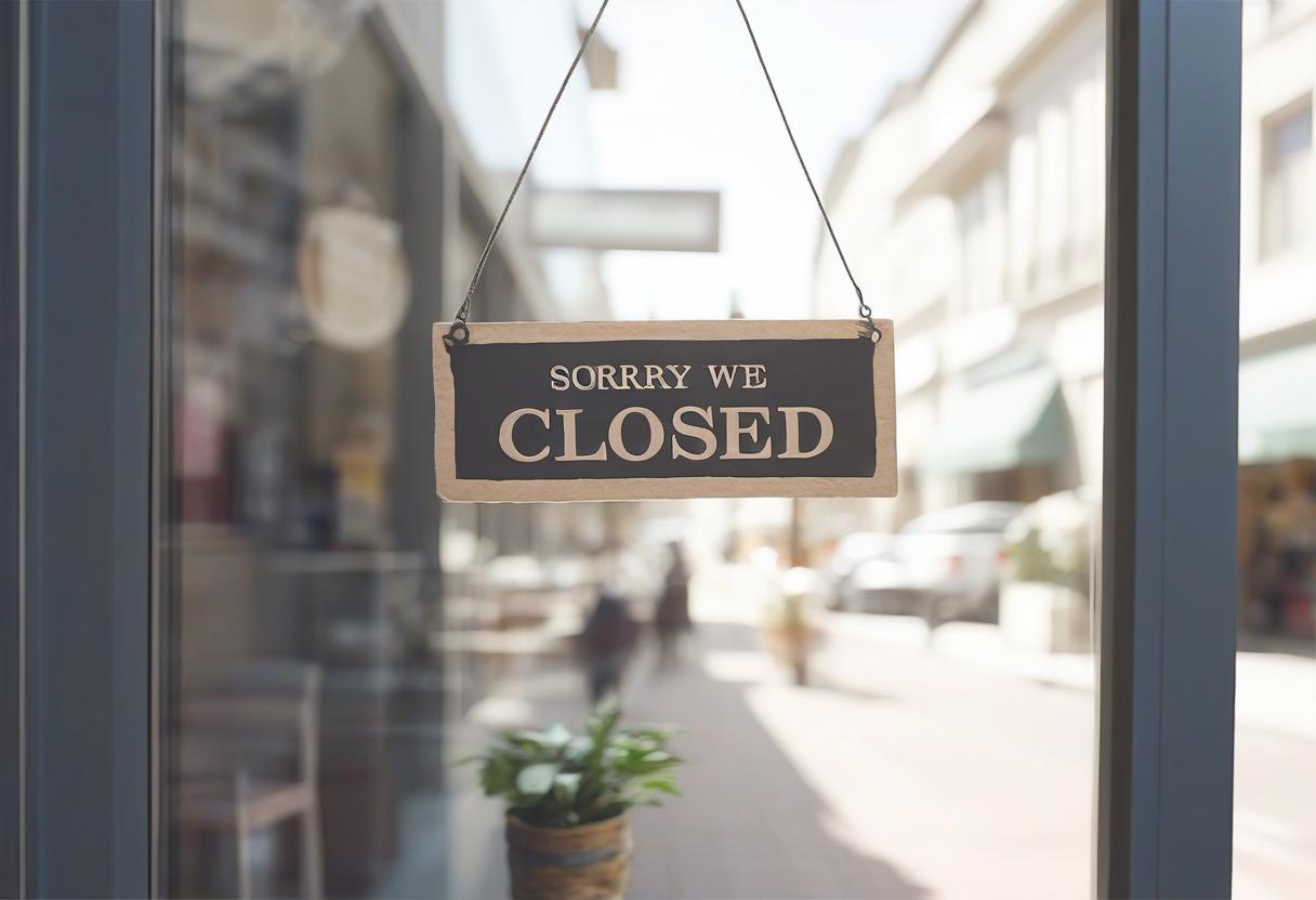  sorry we're closed on the glass door of the store, white background at sunny noon