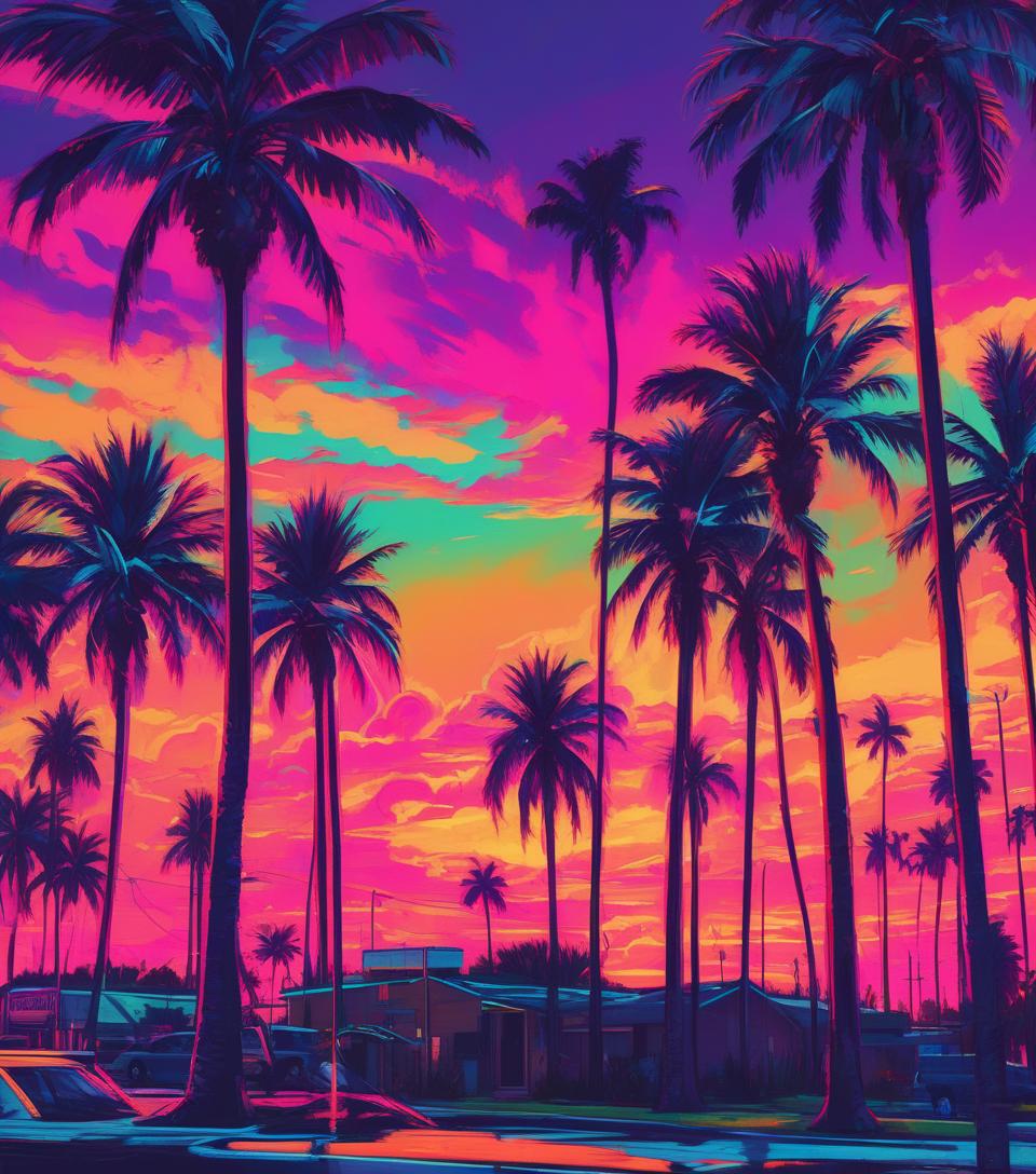  florida sunsets and palm trees on fire, neon vibrant colors,