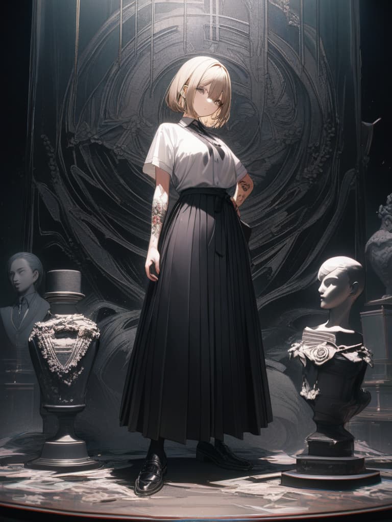  s wearing black loafers, s with blonde bob cut, white pleated s, white pleated s, s wearing spider nests on the left arm, s who smoke cigarettes, purple on the left . a with a rose tattoo, whole body, standing figure, masterpiece, best quality,8k,ultra detailed,high resolution,an extremely delicate and beautiful,hyper detail