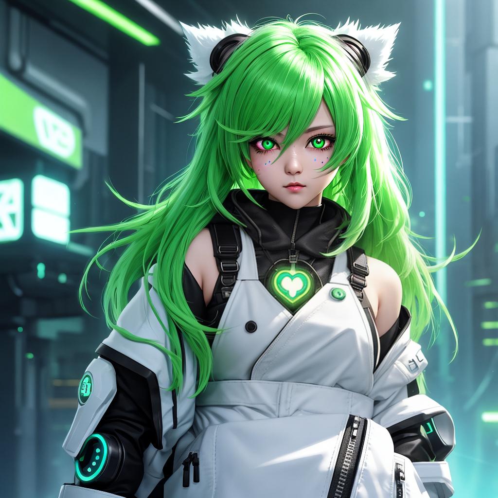  in a cyberpunk setting, Adorable, eye-catching 3D rendering of a fluffy cute bright green with blue spots heart character. He has glossy white eyes with bigblack pupils. The overall design is perfect for those who appreciate adorable, unique and eye-catching digital art. On a white background, --no illustration --niji 6