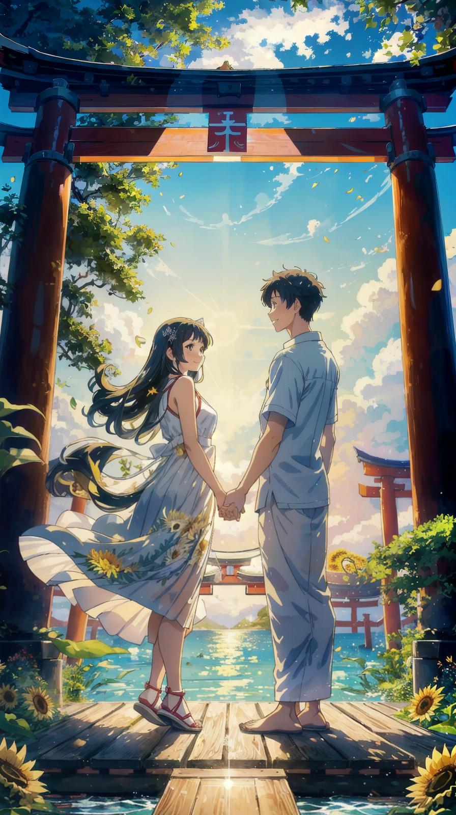  master piece , best quality,beyond the torii gate is the sea, sunflowers in front of the torii gate, young male and female couple in their 20's, white dress, white shirt for the man. holding hands and smiling at each other, anime style clouds in summer, the sea reflects and sparkles