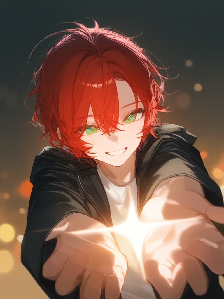  (adam’s apple:1.4),man’s,(boys:1.3),(red hair),(short hair:1.3),emerald green eyes,smile,(messy hair),from front,black jacket,white t shirt,ultra detailed,hair tie,froward hands,