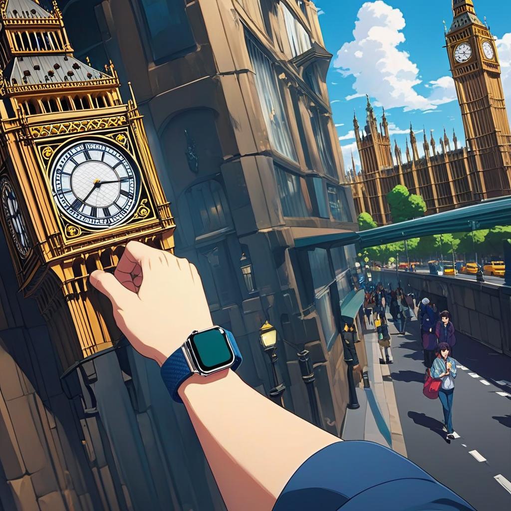  the scene is set at big ben with a guy checking his digital watch/ apple watch to check the time in the near distance you see others also checking their phones instead of just looking up at big ben it’s ironic because big ben is a huge clock. make it from the point of view of someone looking down at their watch, anime artwork, anime style, key visual, vibrant, studio anime, highly detailed