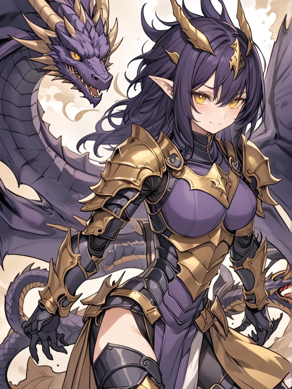  manga artwork an anime photo of a half human, half dragon warrior, she has very dark purple hair, a pleasant smile, very beautiful golden eyes, a grayer skin, a light black knight armor, broken black wings, and, hands with dragon claws mixed with the armor, a long dragon tail, and other details of her dragon form mixed with her human appearance, she has a more adult and very strong body, with a slender build. manga artist. manga, highly emotional. best quality, high resolution