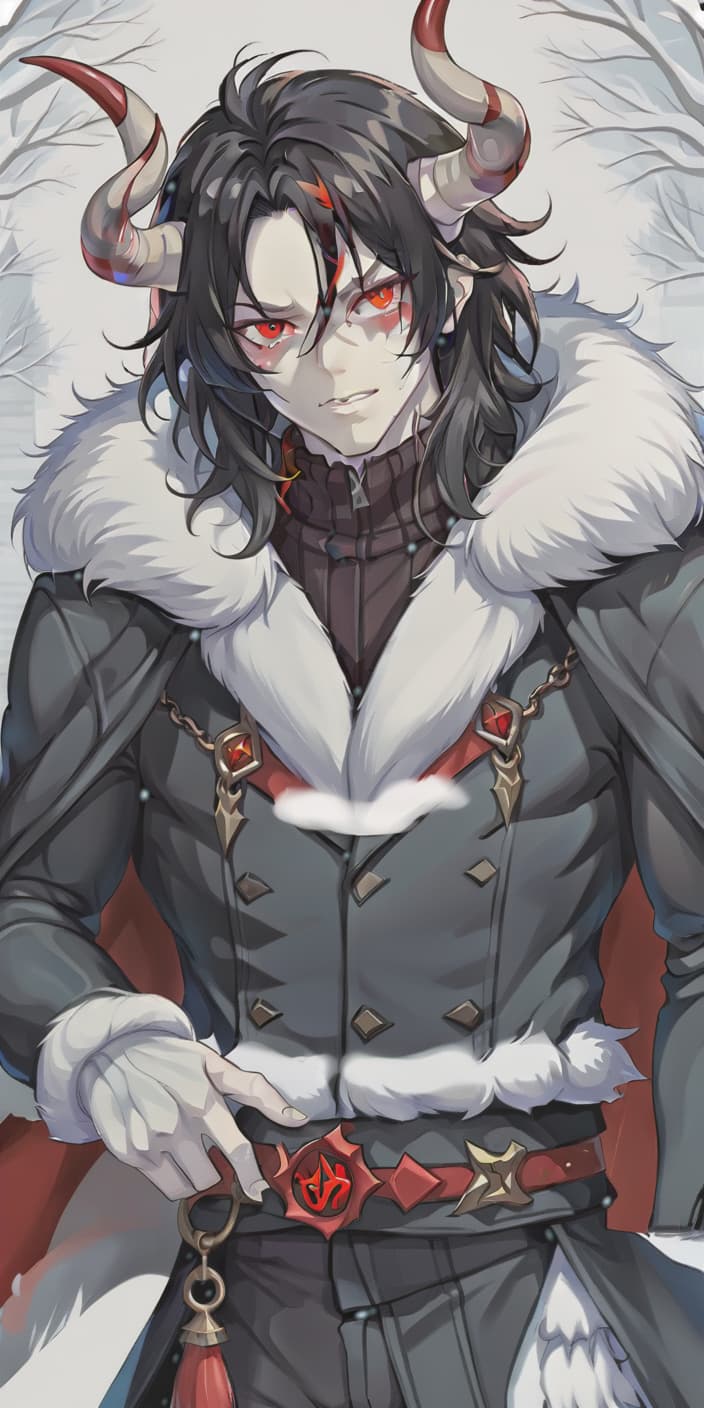  breathtaking man demon, red horns, red eyes, black long hair, winter clothes . award winning, professional, highly detailed, sticker