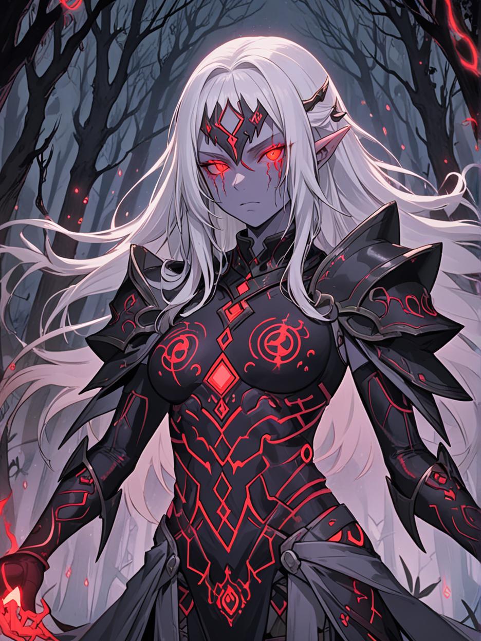  manga artwork an anime photo of a female sorceress wearing a mix of matte black metal with armor of iridescent synthetic cloths. the woman has long white hair, luminescent red eyes, gray skin, and luminescent red scars on her face. the figure is wrapped in a dark garment engraved with runes, woven with luminescent threads that pulsate with a dark red hue. below the garment, visible on the figure's neck and hands, are circuit shaped tattoos that pulsate with electric red energy, integrating seamlessly into the high tech design. the background of the photo is a dark, misty forest at night, with tall, gnarled trees and bioluminescent plants casting a mysterious light. the figure is a sentinel, exuding an aura of dark wisdom and arcane power, i