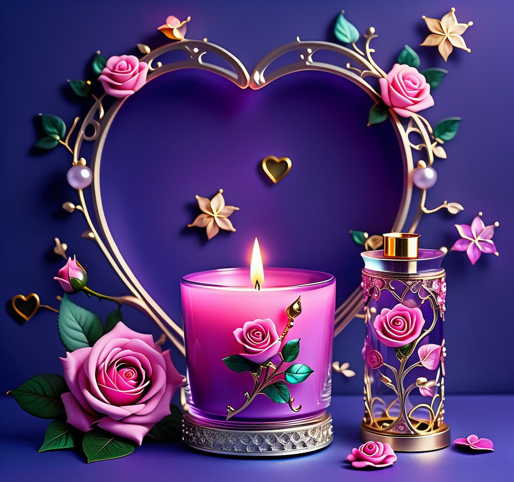  dreamscape (background):colour:violet blue. (background decoration):silver frames in the shape of hearts and gold fancy stars. (centre):glass square pink candlestick and lighter decorated with fancy roses. (rose colour):pink, dark pink, with cream border. (leaf colour):dark green, green blue, light green. (style):fantasy, fantasy art design, jewellery, interior. . surreal, ethereal, dreamy, mysterious, fantasy, highly detailed, civitai, hkmagic