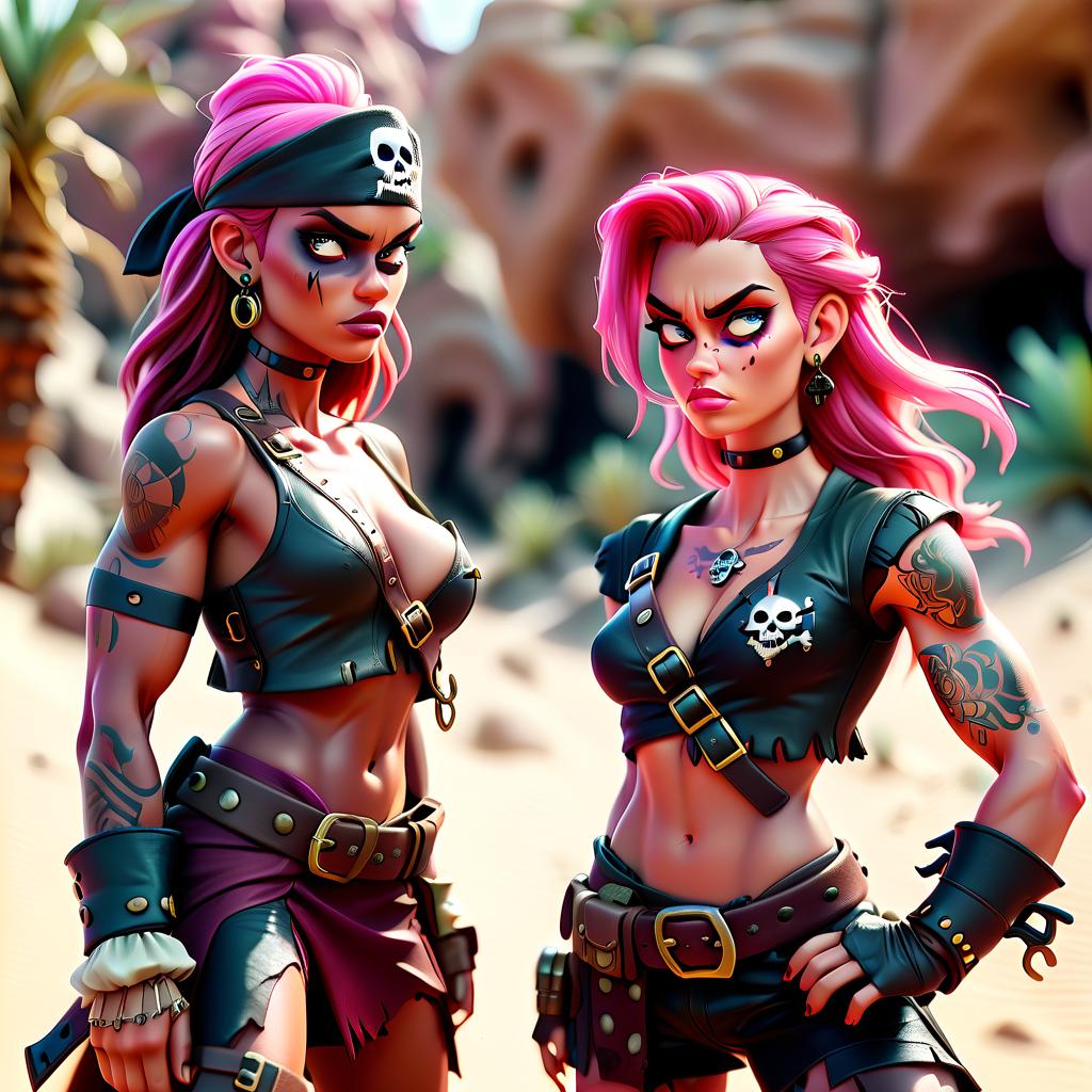  cinematic photo two muscular pirate girls on a desert island . 35mm photograph, film, bokeh, professional, 4k, highly detailed, perfecteyes, glowneon