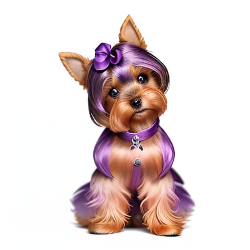  photoreal image, yorkshire terrier dog stands on a dark lilac purple satin background