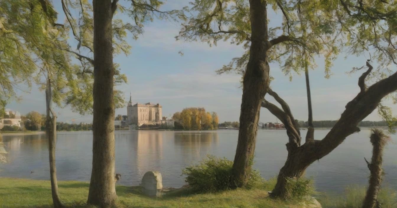  hyperrealistic art realistic landscape, metropolis in the distance, left linden tree and right linden tree, sunny summer day, wide angle camera, park, lake reflects trees, cinematic, bottom view . extremely high resolution details, photographic, realism pushed to extreme, fine texture, incredibly lifelike