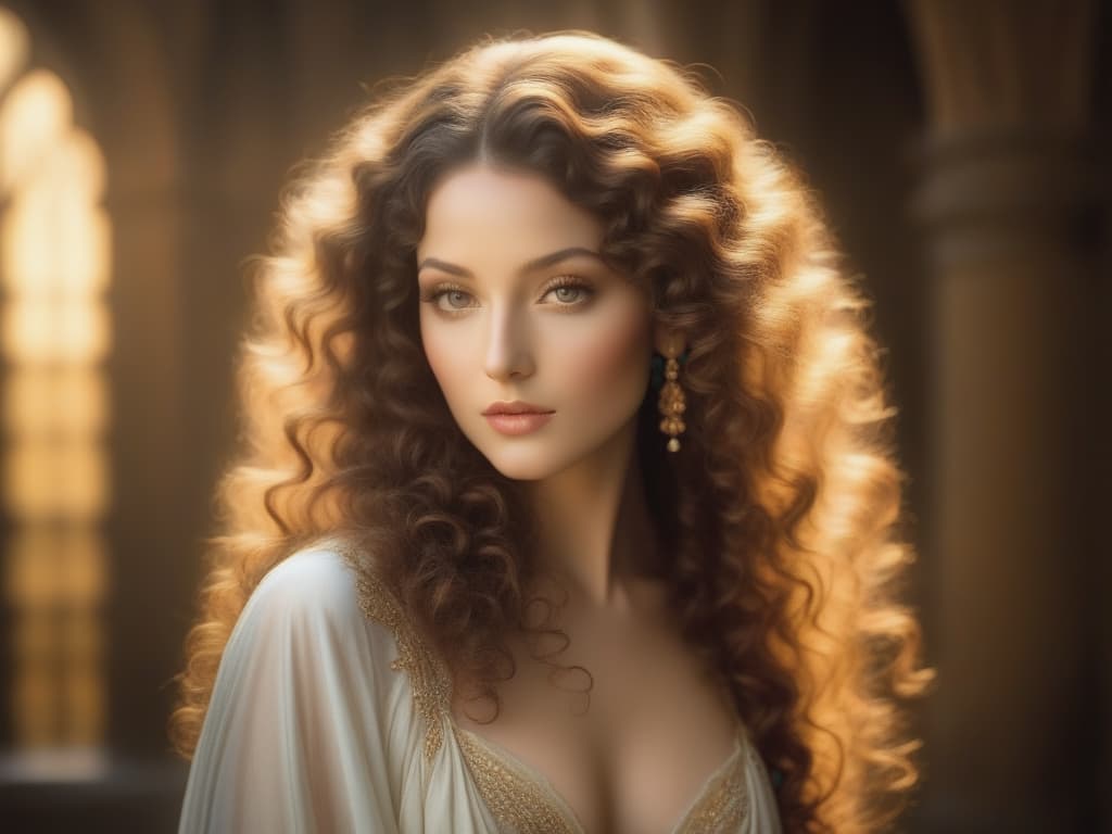  naturally beautiful ethereal devoted woman with dazzling curly hair, she is highly compasionate and conscious, leonardo da vinci style ambience and lighting