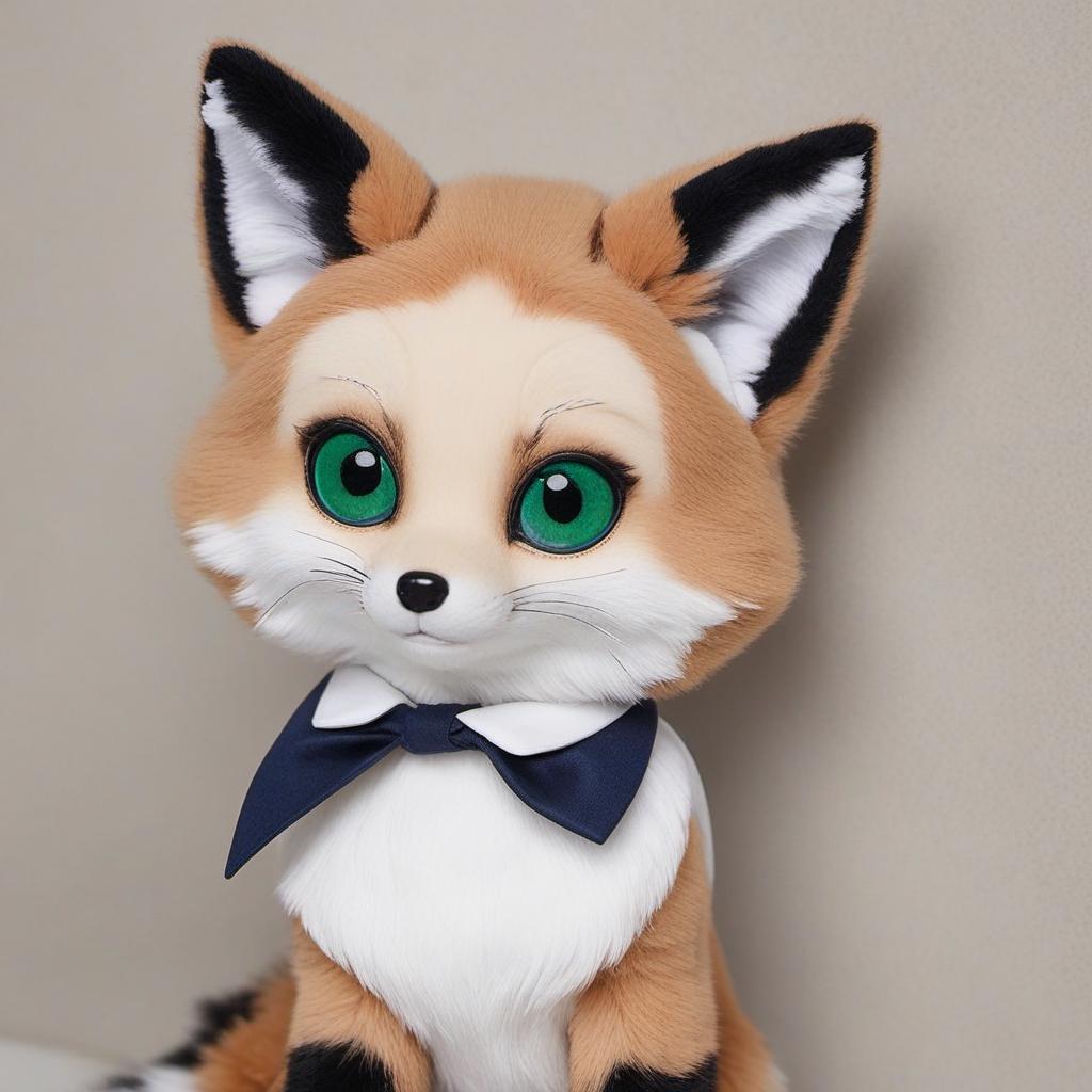  a girl fox hybrid with dark brown and white ears and tail, green eyes, cute freckles, i’m wearing a navy blue baby doll dress, profile image style