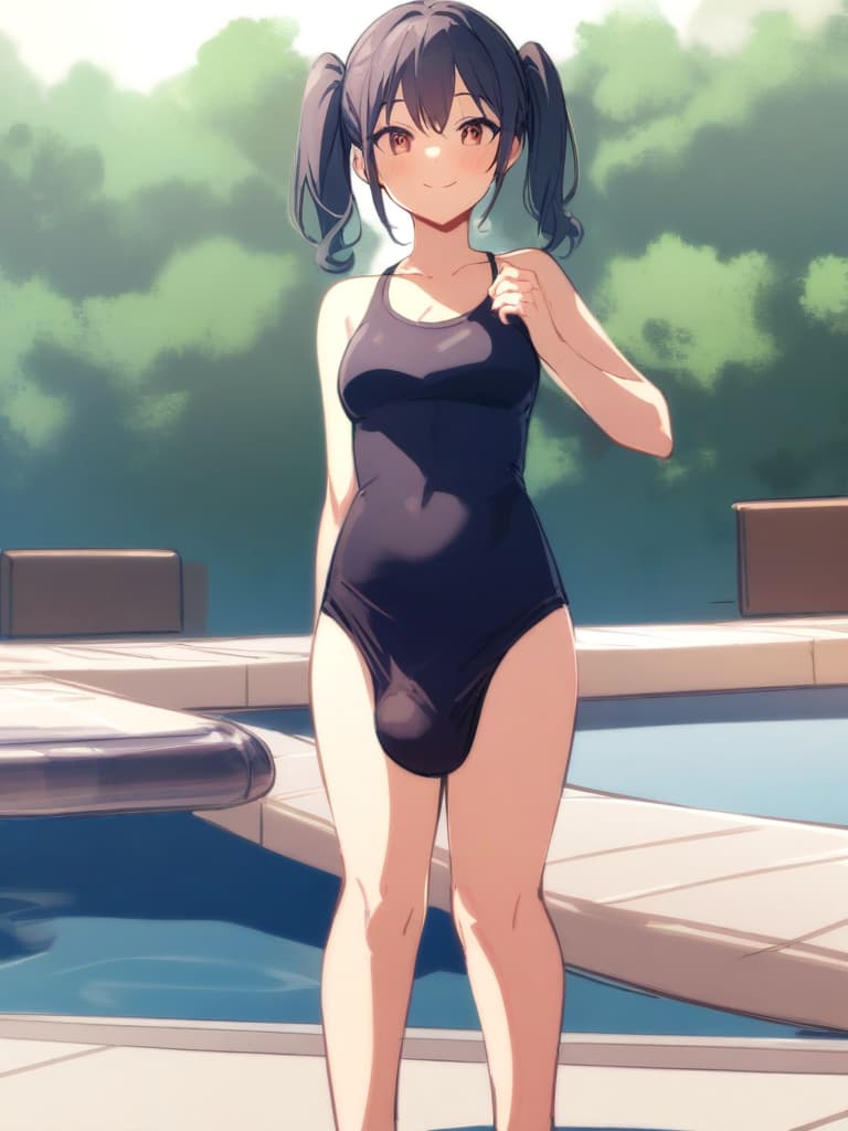  women's elementary students (male), twin tails, cute smiles, (rich s), short stature, dark blue swimwear, old swimwear, swimwear, simple, (upward), upward, (bulge), front, whole body, pool side ,,,