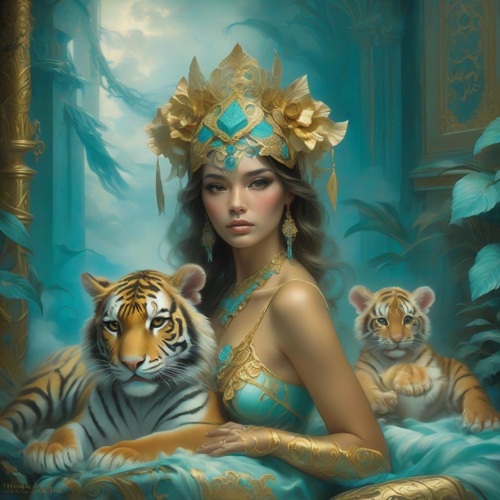  a woman adorned with gold and a headdress lies next to two tiger cubs against a luxurious backdrop with patterns in turquoise and gold. ethereal fantasy superdestroyed fog by thomas kinkade