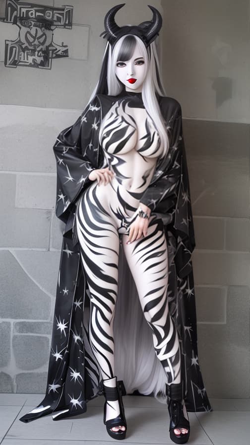  Black and White flame pattern body paint in every corner of the whole body, G rey body paint full body,Grey face paint on the face, two succubus sisters, full body image 女性