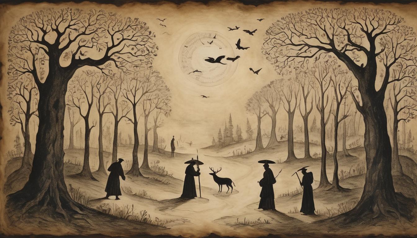  on parchment, surrealism++, path through a darkened forest, dim lanterns lighting the way, silhouettes of guiding figures, expressions of trust and respect, sense of companionship(mysterious, provocative, symbolic)++