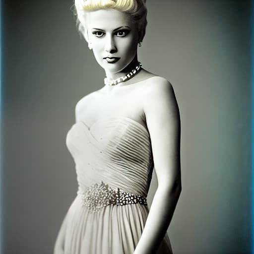  A beautiful blonde woman, very detailed, photorealistic, wearing a chiffon dress, wearing a single strand of pearls, 8K, UD, 200mm Hasselblad, Kodachrome, high heels, stockings