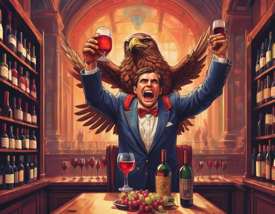  retro game art anthropomorphic hawk guy holds his hands over his head in a victory cry, flanked by five cups of best wines amid chamber hall . 16 bit, vibrant colors, pixelated, nostalgic, charming, fun