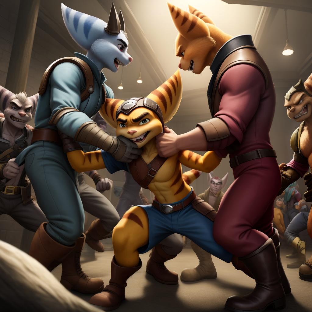  Male ratchet and clank (insomniac) full body, group, clothes, gloves and boots, gay, evil, fighting, hand to hand combat, punching, retraining grabbed, neck grab, ganged up upon, hand squeezes crotch, attacking victim, bullying victim 3 vs 1, surrounded, ganged up upon, bullies punching victim, open eyes, digital art, masterpiece, 4k, fine details,