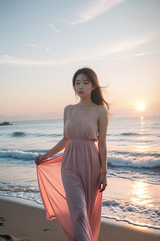  a beautiful, fit chinese woman standing on a beach at sunset. the sky is painted with warm hues of orange, pink, and purple as the sun sets over the horizon. the woman is dressed in a flowing summer dress, her hair gently blowing in the breeze. the serene ocean waves lightly touch the shore in the background, adding to the peaceful and picturesque scene, advertising photo,high quality, good proportion, masterpiece , the image is captured with an 8k camera