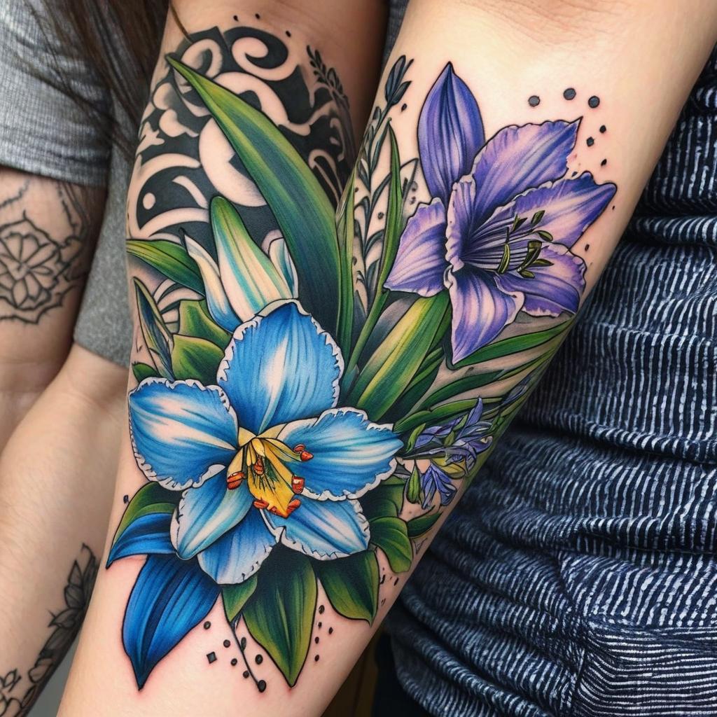  lily, rose, larkspur, poppy, and narcissus in a bouquet fine line tattoo, award winning, professional, highly detailed, masterpiece