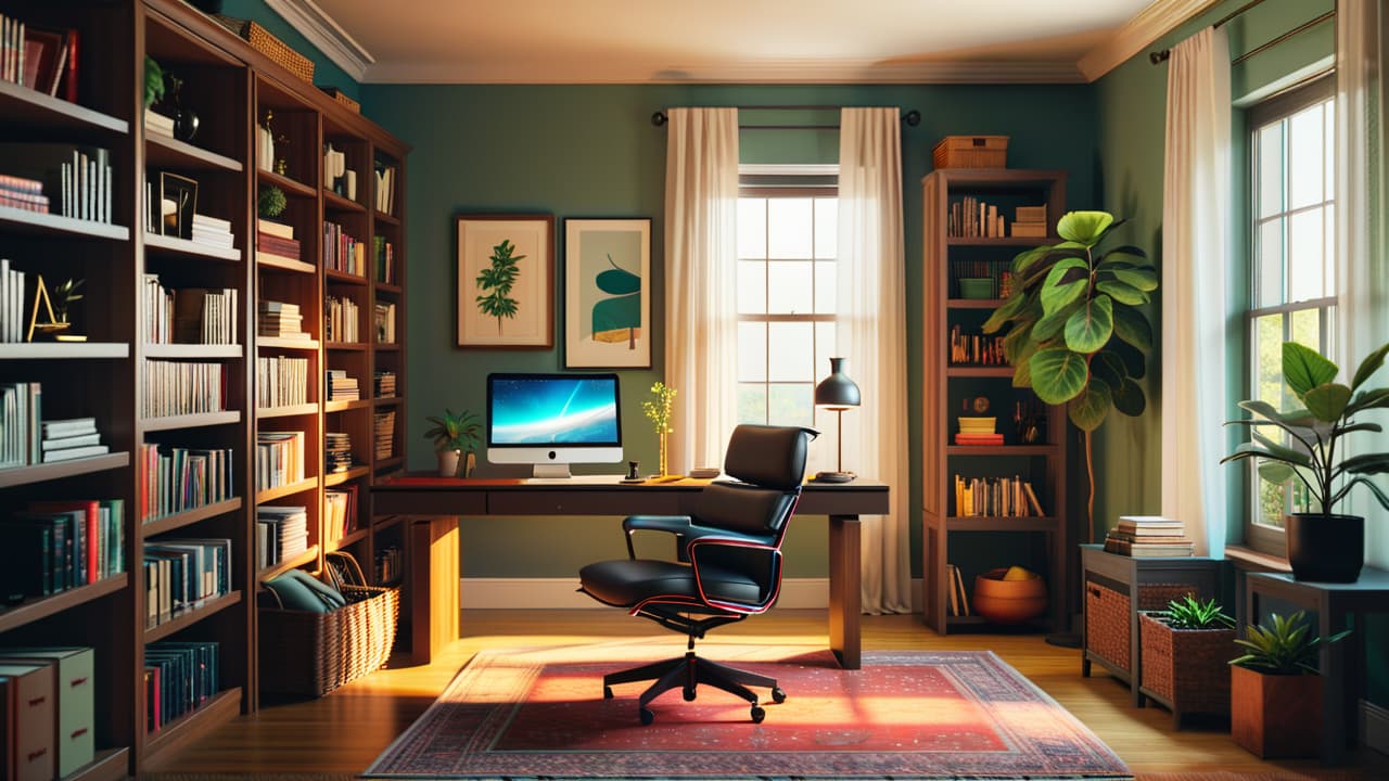  a chic home office scene featuring sleek, modern shelving filled with neatly organized books, decorative boxes, and potted plants, complemented by a stylish desk with an ergonomic chair and warm lighting for a cozy atmosphere. hyperrealistic, full body, detailed clothing, highly detailed, cinematic lighting, stunningly beautiful, intricate, sharp focus, f/1. 8, 85mm, (centered image composition), (professionally color graded), ((bright soft diffused light)), volumetric fog, trending on instagram, trending on tumblr, HDR 4K, 8K