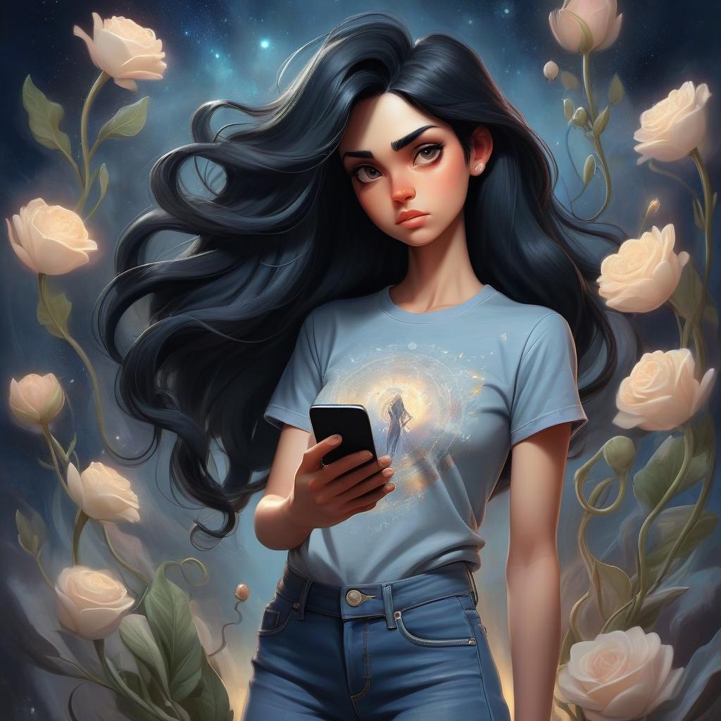  ethereal fantasy concept art of a girl in jeans and a t shirt with black hair stands in full growth shoots videos for her blog, in his hand he has a phone . magnificent, celestial, ethereal, painterly, epic, majestic, magical, fantasy art, cover art, dreamy