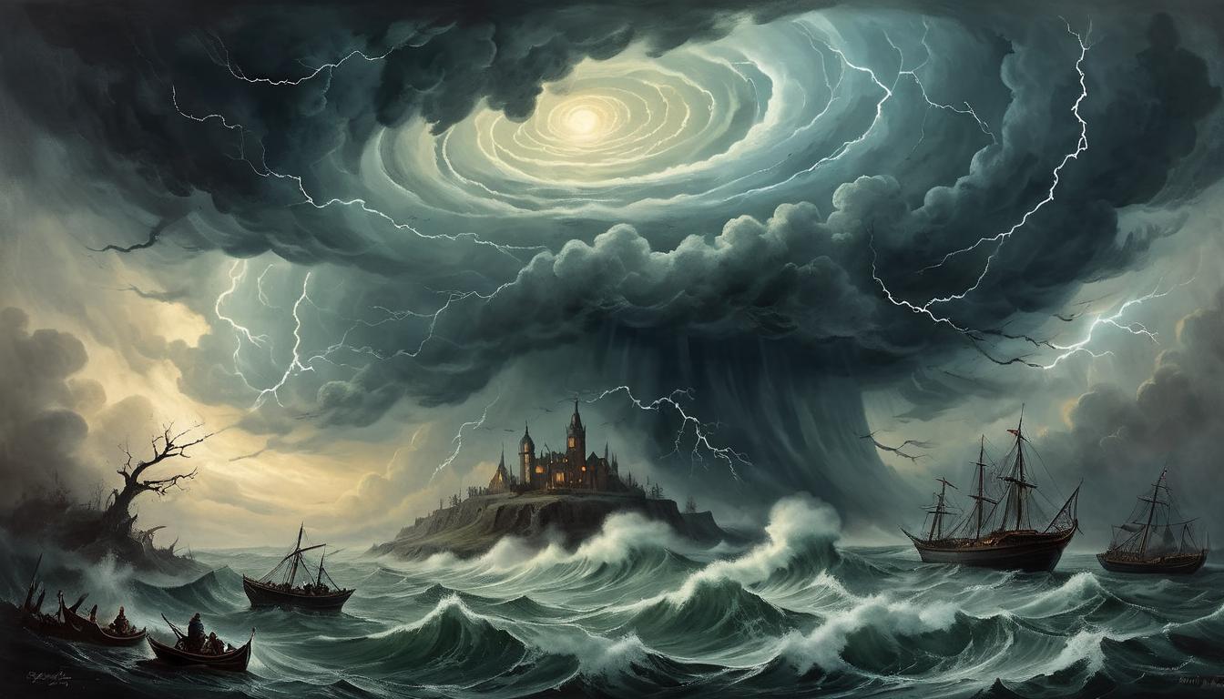  on parchment, surrealism+++, a swirling cyclone in the center of a serene, still landscape, dark clouds gathering, lightning strikes, chaos contrasted with calm, dramatic tension, suppressed fury, underlying turmoil.(mysterious, provocative, symbolic,muted color)+++