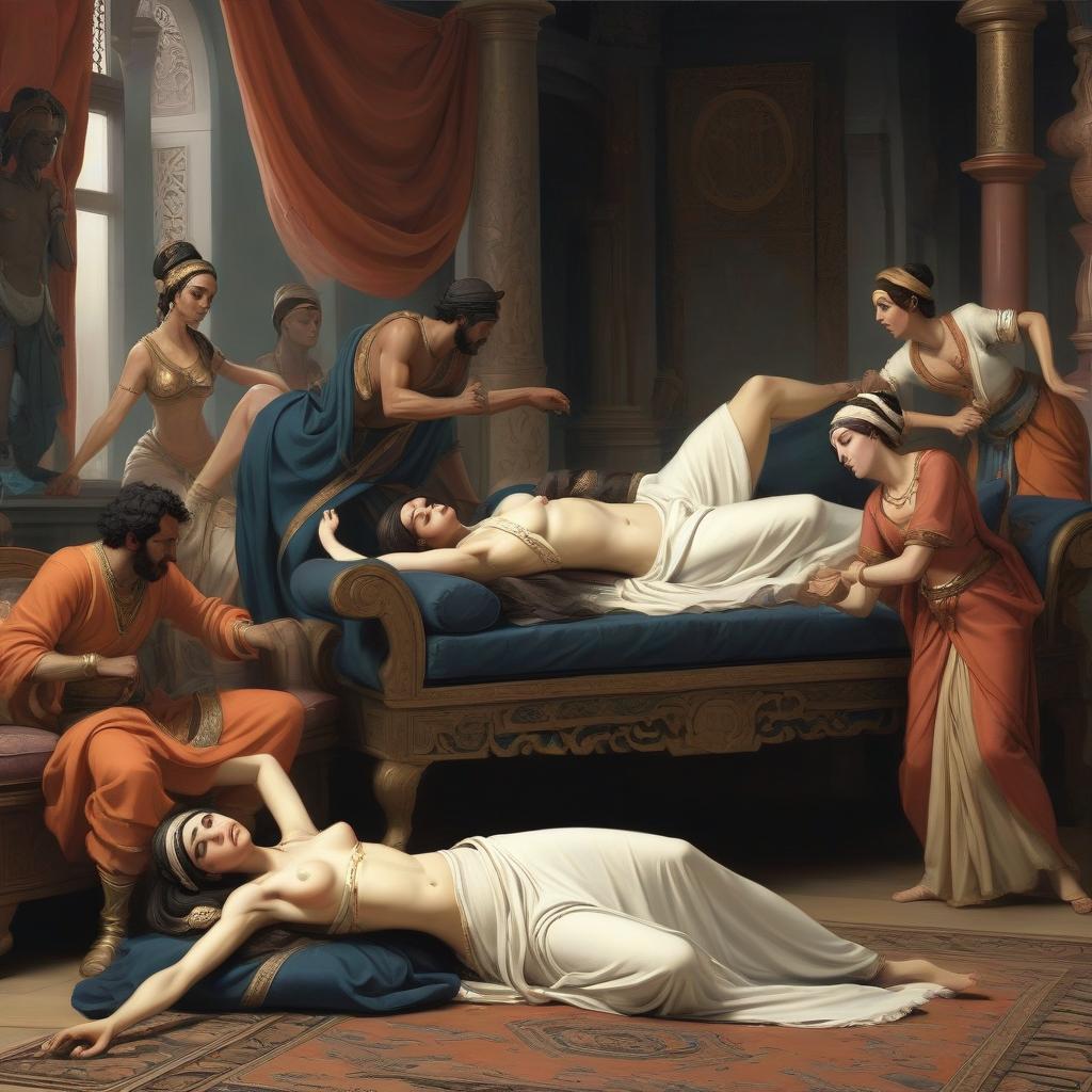  a black, lush odaliscus fainted in a harem and lies unconscious on a couch, two maids swinging at her.