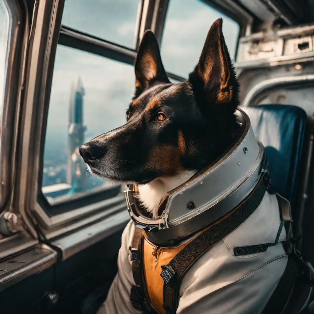  a dog looking out from a spacecraft window, filled with wonder and excitement hyperrealistic, full body, detailed clothing, highly detailed, cinematic lighting, stunningly beautiful, intricate, sharp focus, f/1. 8, 85mm, (centered image composition), (professionally color graded), ((bright soft diffused light)), volumetric fog, trending on instagram, trending on tumblr, HDR 4K, 8K