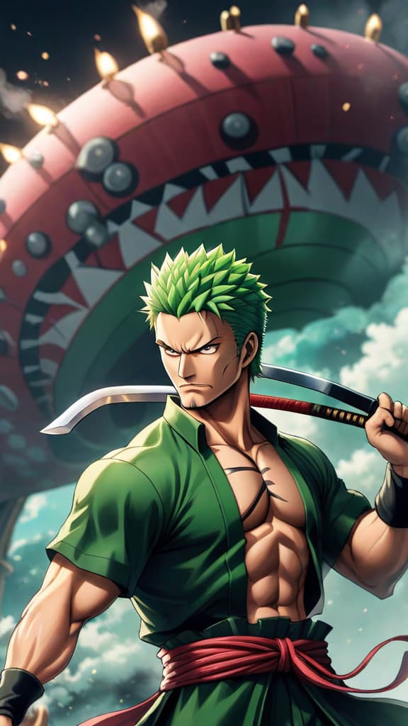  anime art: zoro unleashes ashura against a formidable yonko like kaido or big mom. hyperrealistic, full body, detailed clothing, highly detailed, cinematic lighting, stunningly beautiful, intricate, sharp focus, f/1. 8, 85mm, (centered image composition), (professionally color graded), ((bright soft diffused light)), volumetric fog, trending on instagram, trending on tumblr, HDR 4K, 8K