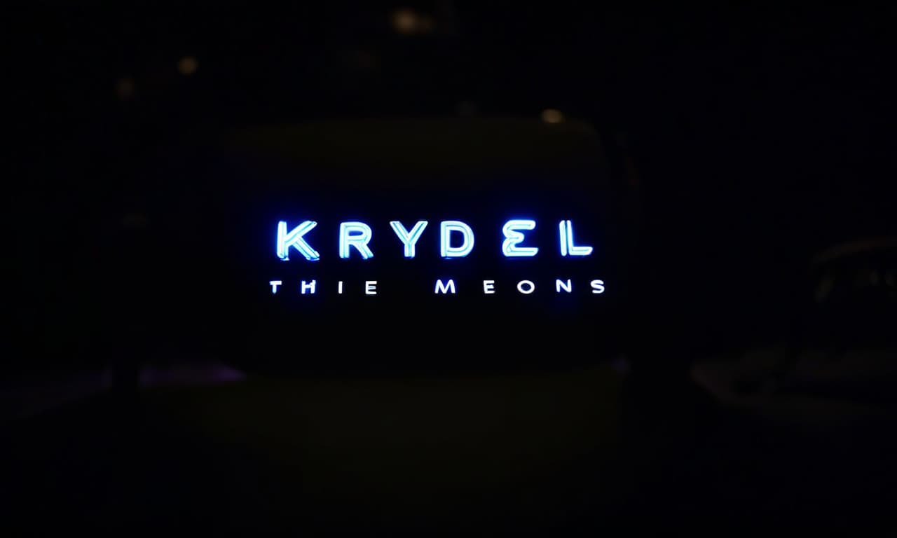  cinematic film still neon inscription "krydell." the background is dark. there are different weapons, cars and money flying around . shallow depth of field, vignette, highly detailed, high budget, bokeh, cinemascope, moody, epic, gorgeous, film grain, grainy