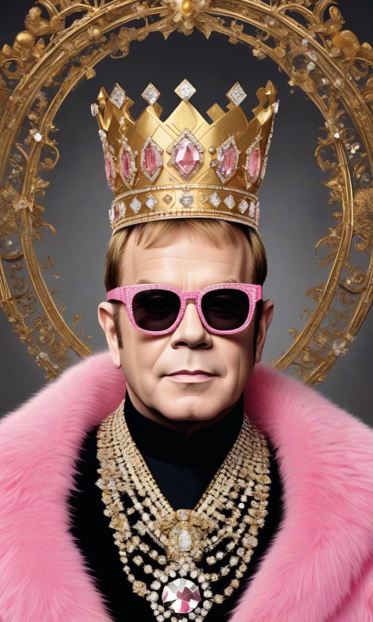  concept art color pink, white, black, gold elton john in a fur coat and crown, he wears many swarovski crystals . digital artwork, illustrative, painterly, matte painting, highly detailed, perfect hands