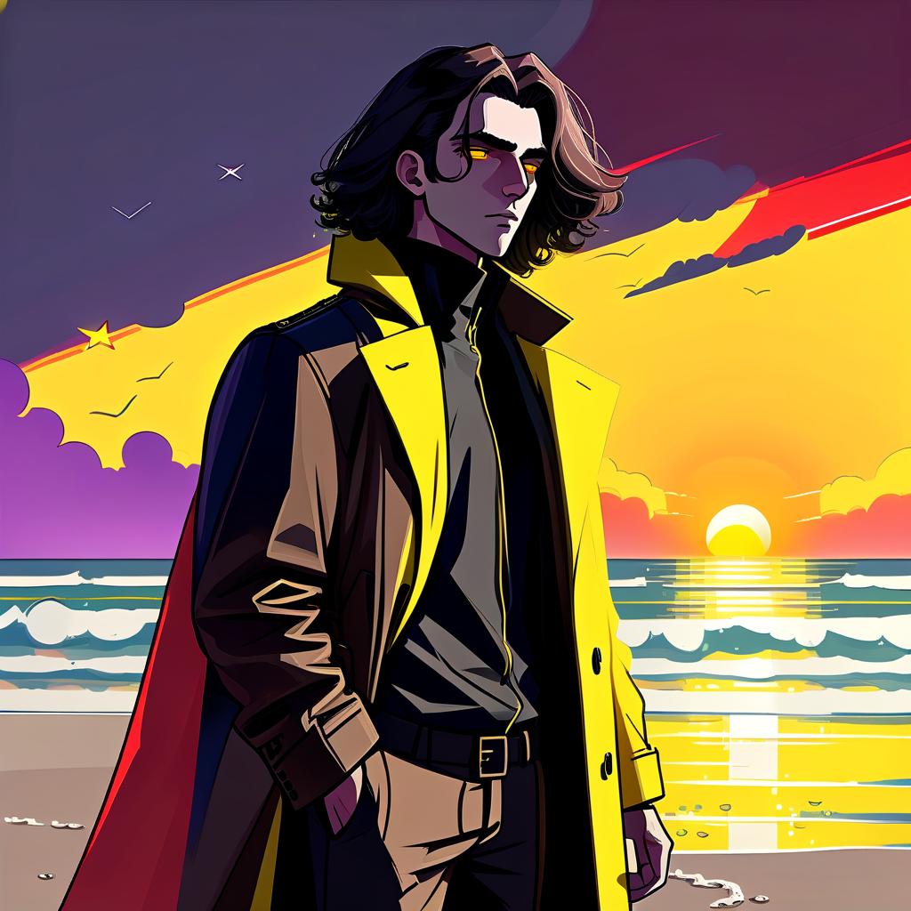  retro cyberpunk a young man stands alone on the beach. he has long dark brown hair, which flies slightly in the breeze. his face, with pronounced jewish and slavic features, radiates lively energy. brown eyes are full of deep emotions, as if reflecting the vast expanses of the ocean. he wears a bright yellow coat that seems to shine, catching the eye and contrasting with the soft shades of the sunset. under his coat he wears a black shirt and black pants are decorated with yellow elements, creating a stylish and dynamic look. the sunset turns into night, the sky is black and full of stars, and the outgoing red rays fall on the terrain in bright red stripes contrasting with the coming night. the image uses such colors and shades of colors as