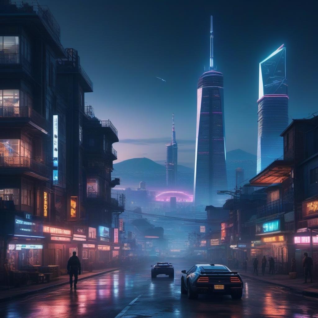  Draw the night city of Vladivostok which is located in the Cyberpunk 2077 universe