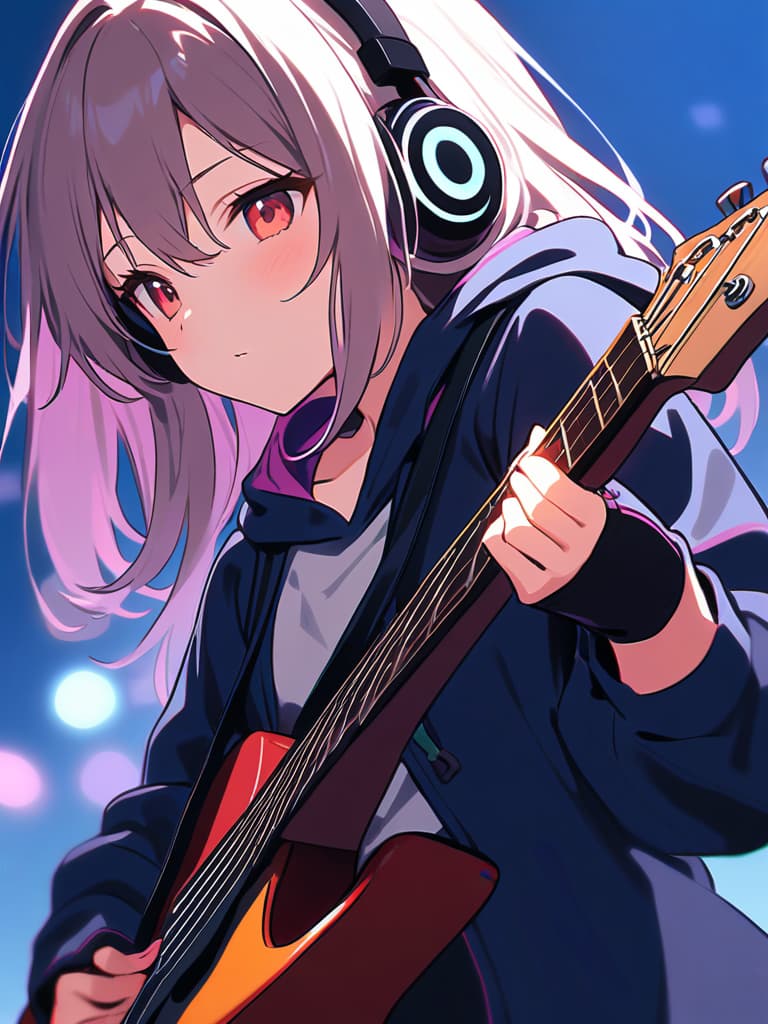  (beautiful girl:1.5)(bobbed hair:1.5)(headphones🎧:1.7)(in hoodie:1.5)(with a electric guitar:1.7)(happily playing guitar:1.7)master piece,high quality,16k