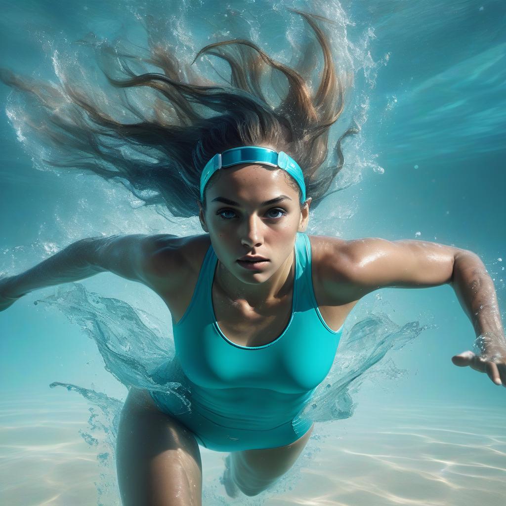  space themed swimmer athlete under water, in a turquoise short top, facing the lens swims to the finish line, face open, no glasses on the face, beautiful, hair tied in a bundle, photorealism, detailed study of the body, clear pool water, photo 16k. . cosmic, celestial, stars, galaxies, nebulas, planets, science fiction, highly detailed