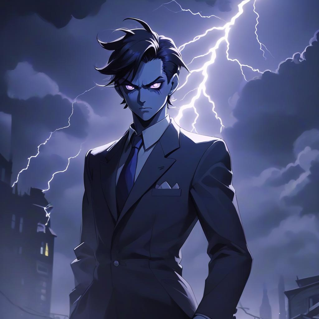  film noir style a that is standing in front of some lightning, an anime drawing, gothic art, demon black blue purple, discord profile picture, avatar image, cybernetic demon . monochrome, high contrast, dramatic shadows, 1940s style, mysterious, cinematic