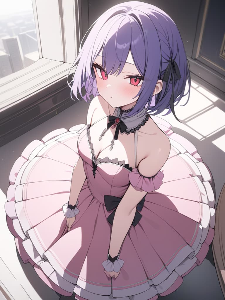  blue purple hair, bob hair, short hair, pink dress, red eye, vampire, devil feather, girl, young lady, young lady, dress, dress with ribbon, lolita, demon black feather, pink dress, masterpiece, best quality,8k,ultra detailed,high resolution,an extremely delicate and beautiful,hyper detail