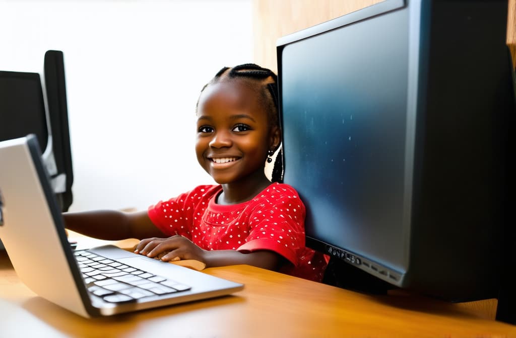  little african girl sitting at computer, looking at screen, smiling, computer with back wall in frame, light modern interior ar 3:2 {prompt}, maximum details