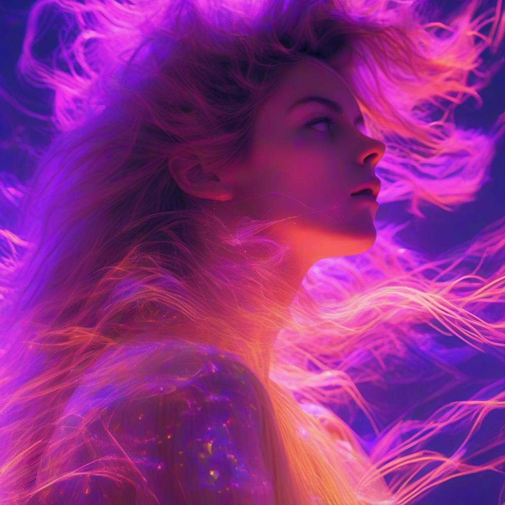  a woman with her hair blowing in the wind, frequency indie album cover, dark moody purple lighting, lo fi, petra collins, photo [ far ], by kathleen allen, atmospheric eerie lighting, a lonely woman, disappear, glowneon