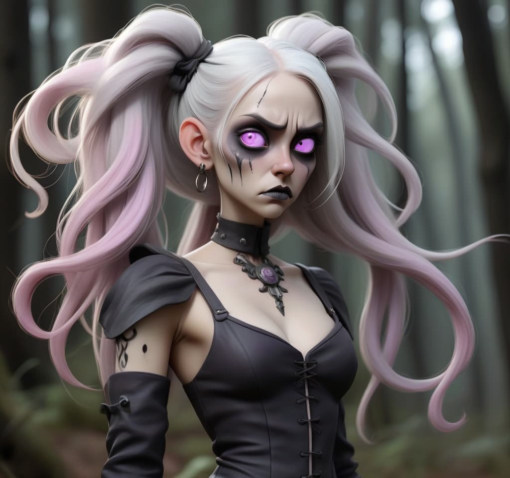  horror themed portrait on the shoulders. woman tifling. white long hair with pale pink strands collected in the tail, on the sides of small pigtails, pointed ears with piercings, eyes iris purple white eyes black, long swirling gray horns up, scar on the lip, clothes druid. forest area in the background. . eerie, unsettling, dark, spooky, suspenseful, grim, highly detailed