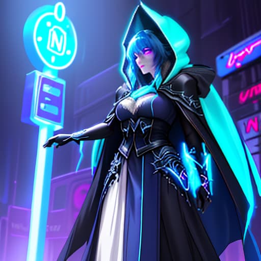  "A sorceress in a cloak, with blue hair, bright purple eyes, wearing a blue royal cape with a hood.", ((Cinematic lighting)), (glowing), ((dramatic lighting)), ((beautiful detailed glow)), intricate detail, lens flare, backlighting, (neon lights:1.6) hyperrealistic, full body, detailed clothing, highly detailed, cinematic lighting, stunningly beautiful, intricate, sharp focus, f/1. 8, 85mm, (centered image composition), (professionally color graded), ((bright soft diffused light)), volumetric fog, trending on instagram, trending on tumblr, HDR 4K, 8K