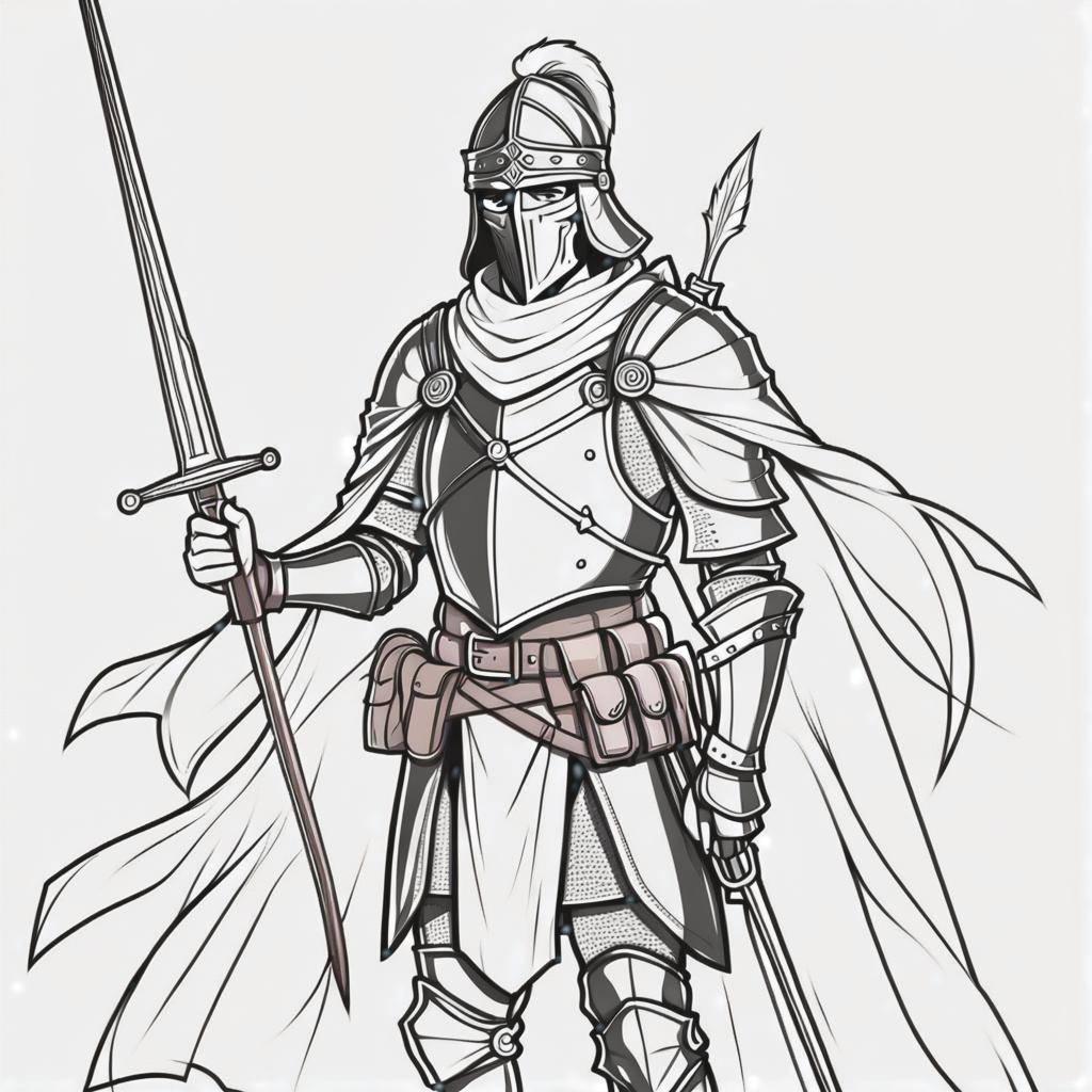  line art drawing medieval man soldier, same nightmare. anime style . professional, sleek, modern, minimalist, graphic, line art, vector graphics